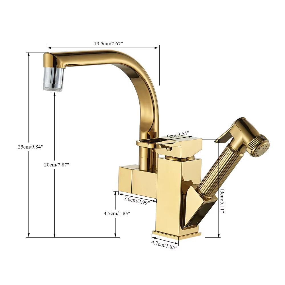 Luxury Golden Kitchen Faucet Pull Out Spray with Bidet Hot Cold Mixer Tap 360 Rotation Swivel Deck Mount Bathroom Sink Crane