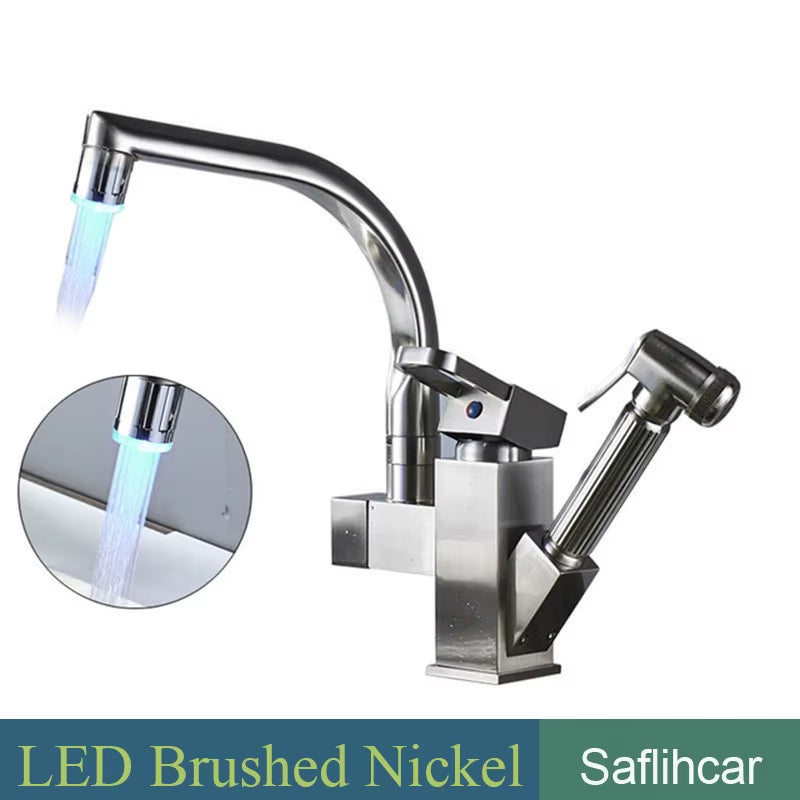 Luxury Golden Kitchen Faucet Pull Out Spray with Bidet Hot Cold Mixer Tap 360 Rotation Swivel Deck Mount Bathroom Sink Crane