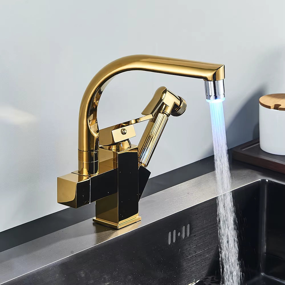 Luxury Golden Kitchen Faucet Pull Out Spray with Bidet Hot Cold Mixer Tap 360 Rotation Swivel Deck Mount Bathroom Sink Crane