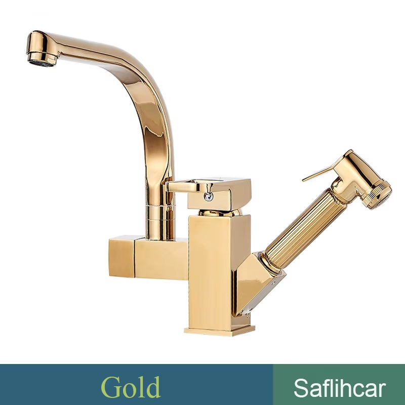 Luxury Golden Kitchen Faucet Pull Out Spray with Bidet Hot Cold Mixer Tap 360 Rotation Swivel Deck Mount Bathroom Sink Crane