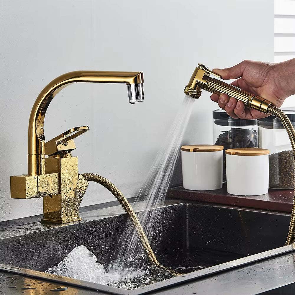 Luxury Golden Kitchen Faucet Pull Out Spray with Bidet Hot Cold Mixer Tap 360 Rotation Swivel Deck Mount Bathroom Sink Crane